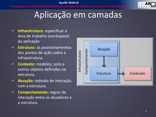• Infraestrutura: especificar a
área de trabalho (workspace)
da aplicação
• Estrutura: os posicionamentos
dos pontos de ação sobre a
infraestrutura.
• Contexto: modelos, sons e
outros objetos definidos na
estrutura.
• Atuação: método de interação
com a estrutura.
• Comportamento: regras de
interação entre os atuadores e
a estrutura.
Aplicação em camadas
7
basAR: Math.IA
sites.google.com/site/christophercerqueira/projetos/ear/basar ou www.ckirner.com/basar/
 