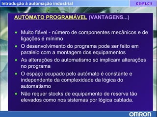Introdução à automação industrial
AUTÓMATO PROGRAMÁVEL (VANTAGENS...)
♦ Muito fiável - número de componentes mecânicos e de
ligações é mínimo
♦ O desenvolvimento do programa pode ser feito em
paralelo com a montagem dos equipamentos
♦ As alterações do automatismo só implicam alterações
no programa
♦ O espaço ocupado pelo autómato é constante e
independente da complexidade da lógica do
automatismo
♦ Não requer stocks de equipamento de reserva tão
elevados como nos sistemas por lógica cablada.
 
