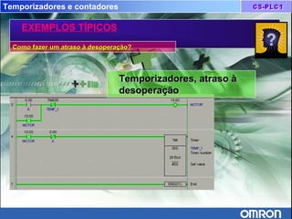 Temporizadores e contadores
EXEMPLOS TÍPICOS
Como fazer um atraso à desoperação?Como fazer um atraso à desoperação?
Temporizadores, atraso àTemporizadores, atraso à
desoperaçãodesoperação
 