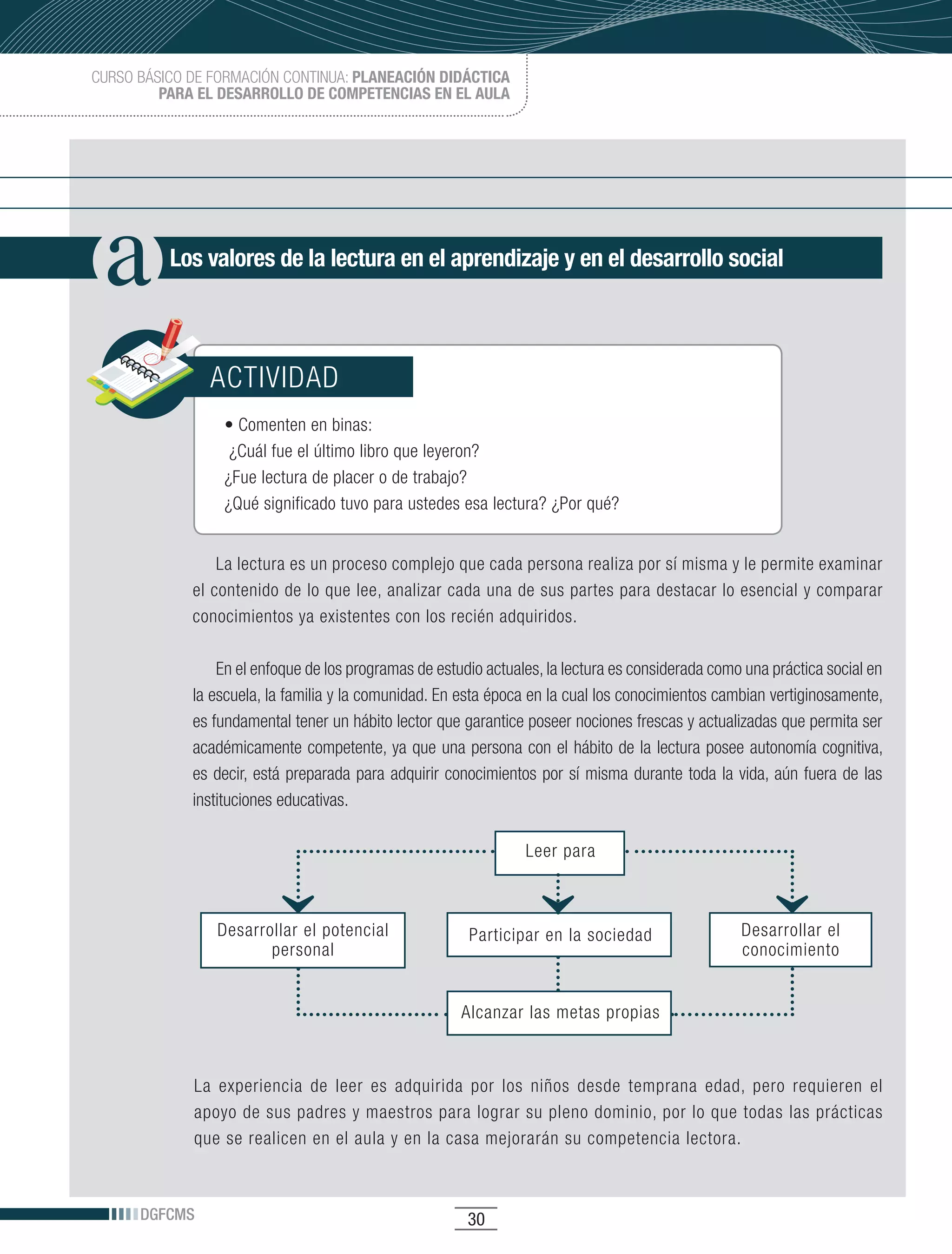 CURSO BÁSICO DE FORMACIÓN CONTINUA: PLANEACIÓN DIDÁCTICA
         PARA EL DESARROLLO DE COMPETENCIAS EN EL AULA




          Los valores de la lectura en el aprendizaje y en el desarrollo social



               ACTIVIDAD
                  •	Comenten	en	binas:
                   ¿Cuál fue el último libro que leyeron?
                  ¿Fue lectura de placer o de trabajo?
                  ¿Qué significado tuvo para ustedes esa lectura? ¿Por qué?


                 La lectura es un proceso complejo que cada persona realiza por sí misma y le permite examinar
             el contenido de lo que lee, analizar cada una de sus partes para destacar lo esencial y comparar
             conocimientos ya existentes con los recién adquiridos.

                 En el enfoque de los programas de estudio actuales, la lectura es considerada como una práctica social en
             la escuela, la familia y la comunidad. En esta época en la cual los conocimientos cambian vertiginosamente,
             es fundamental tener un hábito lector que garantice poseer nociones frescas y actualizadas que permita ser
             académicamente competente, ya que una persona con el hábito de la lectura posee autonomía cognitiva,
             es decir, está preparada para adquirir conocimientos por sí misma durante toda la vida, aún fuera de las
             instituciones educativas.

                                                                 Leer para



                Desarrollar el potencial                Participar en la sociedad                  Desarrollar el
                       personal                                                                    conocimiento


                                                       Alcanzar las metas propias



             La experiencia de leer es adquirida por los niños desde temprana edad, pero requieren el
             apoyo de sus padres y maestros para lograr su pleno dominio, por lo que todas las prácticas
             que se realicen en el aula y en la casa mejorarán su competencia lectora.



      DGFCMS                                            30
 