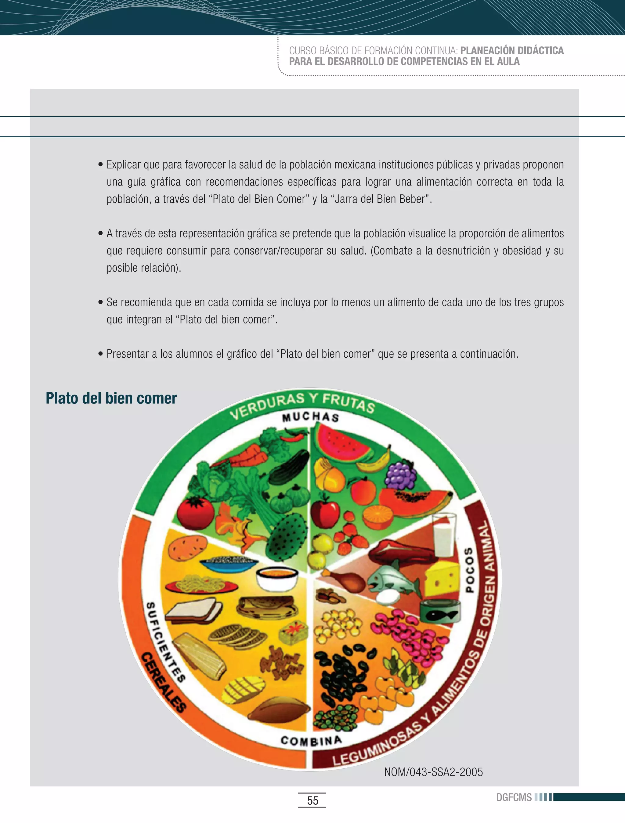 CURSO BÁSICO DE FORMACIÓN CONTINUA: PLANEACIÓN DIDÁCTICA
                                                   PARA EL DESARROLLO DE COMPETENCIAS EN EL AULA




       •	Explicar	que	para	favorecer	la	salud	de	la	población	mexicana	instituciones	públicas	y	privadas	proponen	
         una guía gráfica con recomendaciones específicas para lograr una alimentación correcta en toda la
         población,	a	través	del	“Plato	del	Bien	Comer”	y	la	“Jarra	del	Bien	Beber”.	

       •	A	través	de	esta	representación	gráfica	se	pretende	que	la	población	visualice	la	proporción	de	alimentos	
         que requiere consumir para conservar/recuperar su salud. (Combate a la desnutrición y obesidad y su
         posible relación).

       •	Se	recomienda	que	en	cada	comida	se	incluya	por	lo	menos	un	alimento	de	cada	uno	de	los	tres	grupos	
         que integran el “Plato del bien comer”.

       •	Presentar	a	los	alumnos	el	gráfico	del	“Plato	del	bien	comer”	que	se	presenta	a	continuación.


Plato del bien comer




                                                                         NOM/043-SSA2-2005

                                                       55                                         DGFCMS
 