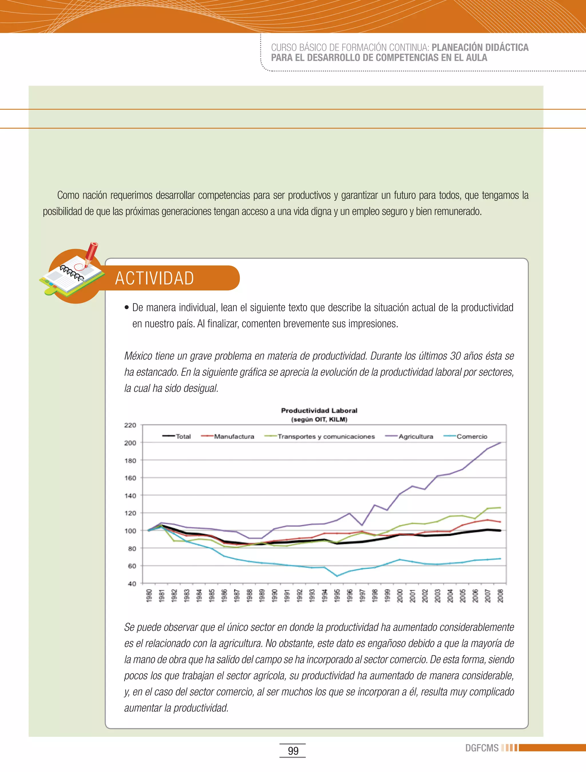 CURSO BÁSICO DE FORMACIÓN CONTINUA: PLANEACIÓN DIDÁCTICA
                                                          PARA EL DESARROLLO DE COMPETENCIAS EN EL AULA




    Como nación requerimos desarrollar competencias para ser productivos y garantizar un futuro para todos, que tengamos la
posibilidad de que las próximas generaciones tengan acceso a una vida digna y un empleo seguro y bien remunerado.




                  ACTIVIDAD
                    •	De	manera	individual,	lean	el	siguiente	texto	que	describe	la	situación	actual	de	la	productividad	
                      en nuestro país. Al finalizar, comenten brevemente sus impresiones.

                    México tiene un grave problema en materia de productividad. Durante los últimos 30 años ésta se
                    ha estancado. En la siguiente gráfica se aprecia la evolución de la productividad laboral por sectores,
                    la cual ha sido desigual.




                    Se puede observar que el único sector en donde la productividad ha aumentado considerablemente
                    es el relacionado con la agricultura. No obstante, este dato es engañoso debido a que la mayoría de
                    la mano de obra que ha salido del campo se ha incorporado al sector comercio. De esta forma, siendo
                    pocos los que trabajan el sector agrícola, su productividad ha aumentado de manera considerable,
                    y, en el caso del sector comercio, al ser muchos los que se incorporan a él, resulta muy complicado
                    aumentar la productividad.


                                                               99                                             DGFCMS
 