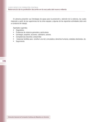 CURSO BÁSICO DE FORMACIÓN CONTINUA:
      Relevancia de la profesión docente en la escuela del nuevo milenio




             En plenaria presenten sus Estrategias de apoyo para la prevención y atención de la violencia, las cuales
          mejorarán a partir de las sugerencias de los otros equipos y algunas de las siguientes actividades (éste será
          un producto de trabajo).

             Apartados sugeridos:
             •	 Diagnóstico
             •	 Problemas de violencia generales y particulares
             •	 Estrategia: propósito, acciones, calendario, actores.
             •	 Competencias docentes a desarrollar
             •	 Instancias factibles para constituir una red y vinculados a derechos humanos, estatales electorales, etc.
             •	 Seguimiento




172




      Dirección General de Formación Continua de Maestros en Servicio
 