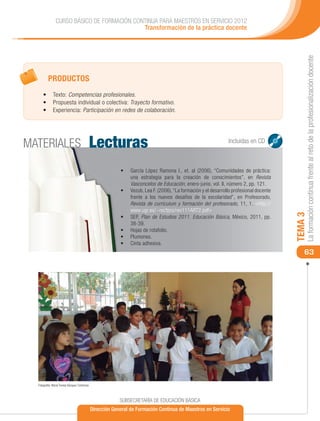 CURSO BÁSICO DE FORMACIÓN CONTINUA PARA MAESTROS EN SERVICIO 2012
                                             Transformación de la práctica docente




                                                                                                                                                La formación continua frente al reto de la profesionalización docente
          PRODUCTOS
     •	 Texto: Competencias profesionales.
     •	 Propuesta individual o colectiva: Trayecto formativo.
     •	 Experiencia: Participación en redes de colaboración.




MATERIALES                                     Lecturas                                                           Incluidas en CD



                                                            •	   García López Ramona I., et. al (2006), “Comunidades de práctica:
                                                                 una estrategia para la creación de conocimientos”, en Revista
                                                                 Vasconcelos de Educación, enero-junio, vol. II, número 2, pp. 121.
                                                            •	   Vezub, Lea F. (2006), “La formación y el desarrollo profesional docente
                                                                 frente a los nuevos desafíos de la escolaridad”, en Profesorado,
                                                                 Revista de currículum y formación del profesorado, 11, 1. <http://
                                                                 www.ugr.es/~recfpro/rev111ART2.pdf>




                                                                                                                                           TEMA 3
                                                            •	   SEP, Plan de Estudios 2011. Educación Básica, México, 2011, pp.
                                                                 38-39.
                                                            •	   Hojas de rotafolio.
                                                            •	   Plumones.
                                                            •	   Cinta adhesiva.
                                                                                                                                               63




  Fotografía: María Teresa Vázquez Contreras



                                                            SUBSECRETARÍA DE EDUCACIÓN BÁSICA
                                               Dirección General de Formación Continua de Maestros en Servicio
 