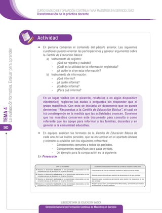 CURSO BÁSICO DE FORMACIÓN CONTINUA PARA MAESTROS EN SERVICIO 2012
                                                       Transformación de la práctica docente




                                                        Actividad
                                                         •	 	 n plenaria comenten el contenido del párrafo anterior. Las siguientes
                                                            E
     La evaluación formativa. Evaluar para aprender




                                                            cuestiones pueden orientar las participaciones y generar argumentos sobre
                                                            la Cartilla de Educación Básica:
                                                               a)	 Instrumento de registro:
                                                                   -	 ¿Qué se registra y cuándo?
                                                                   -	 ¿Cuál es la utilidad de la información registrada?
                                                                   -	 ¿A quién le sirve esta información?
                                                               b)	 Instrumento de información:
                                                                   -	 ¿Qué informa?
                                                                   -	 ¿A quién informa?
                                                                   -	 ¿Cuándo informa?
                                                                   -	 ¿Para qué informa?

                                                         	       En un lugar visible (en el pizarrón, rotafolios o en algún dispositivo
                                                                 electrónico) registren las dudas o preguntas sin responder que el
                                                                 grupo manifieste. Con esto se iniciaría un documento que se puede
TEMA 4




                                                                 denominar “Respuestas a la Cartilla de Educación Básica”, el cual se
                                                                 irá construyendo en la medida que las actividades avancen. Conviene
                                                                 que los maestros conserven este documento para consulta o como
                                                                 referente que les apoye para informar a las familias, docentes y en
                                                                 general a la comunidad educativa.
 90
                                                        •	 En equipos analicen los formatos de la Cartilla de Educación Básica de
                                                                                   SISTEMA EDUCATIVO NACIONAL
                                                             cada uno de los cuatro periodos, que se EDUCACIÓN BÁSICAapartado Anexos
                                                                                                            encuentran en el
                                                                                             CARTILLA DE
                                                             y orienten su revisión GRADO losEDUCACIÓN PREESCOLAR CICLO ESCOLAR
                                                                                   1 con DE siguientes referentes:
                                                                                                         er                            _

                                                                       -	 Componentes comunes a todos los periodos.
                                                                       -	 Componentes específicos para cada periodo.
                                                      NOMBRE DEL(DE LA) ALUMNO(A):
                                                                       -	 Un ejemplo para la comparación es la siguiente:
                                                                                                                  PRIMER APELLIDO                           SEGUNDO APELLIDO                           NOMBRE(S)



                                                        En Preescolar
                                                      CURP:                                                  GRUPO:             TURNO:


                                                      NOMBRE DE LA ESCUELA:                                                                                                                    CCT:


                                                                                    NIVEL DE DESEMPEÑO                                              COLABORACIÓN REQUERIDA POR PARTE DE LA FAMILIA, DOCENTES Y DIRECTIVOS

                                                      A: Muestra un desempeño destacado en los aprendizajes relacionados con las
                                                                                                                                                Para conservar el nivel es necesario mantener el apoyo que se le brinda.
                                                         competencias que se favorecen en el campo formativo.

                                                      B: Muestra un desempeño satisfactorio en los aprendizajes relacionados con las
                                                                                                                                                Necesita apoyo adicional para resolver las situaciones en las que participa.
                                                         competencias que se favorecen en el campo formativo.

                                                      C: Muestra un desempeño suﬁciente en los aprendizajes relacionados con las                Requiere apoyo y asistencia permanente para resolver las situaciones en las
                                                         competencias que se favorecen en el campo formativo.                                   que participa.

                                                      D: Muestra un desempeño insuﬁciente en los aprendizajes relacionados con las              Requiere apoyo, tutoría, acompañamiento diferenciado y permanente para resolver
                                                         competencias que se favorecen en el campo formativo.                                   las situaciones en las que participa.


                                                                                                                                            CAMPOS FORMATIVOS
                                                             NIVEL                                                                   EXPLORACIÓN Y                                                                 EXPRESIÓN Y
                                                                                 LENGUAJE Y                   PENSAMIENTO                                   DESARROLLO FÍSICO           DESARROLLO
                                                              DE                COMUNICACIÓN                  MATEMÁTICO
                                                                                                                                     CONOCIMIENTO
                                                                                                                                                                Y SALUD              PERSONAL Y SOCIAL
                                                                                                                                                                                                                   APRECIACIÓN
                                                                                                                                       DEL MUNDO                                                                    ARTÍSTICAS
                                                          DESEMPEÑO
                                                                             NOV     MAR     JUL    NOV          MAR      JUL       NOV   MAR      JUL     NOV      MAR        JUL   NOV    MAR       JUL    NOV      MAR      JUL

                                                                A                          SUBSECRETARÍA DE EDUCACIÓN BÁSICA
                                                               B
                                                                    Dirección General de Formación Continua de Maestros en Servicio
                                                               C
 