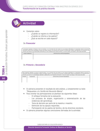 CURSO BÁSICO DE FORMACIÓN CONTINUA PARA MAESTROS EN SERVICIO 2012
                                                      Transformación de la práctica docente




                                                       Actividad
     La evaluación formativa. Evaluar para aprender




                                                        •	 Comenten sobre:
                                                            -	 ¿Cuándo se registra la información?
                                                            -	 ¿Cuándo se informa a los padres?
                                                            -	 ¿Qué se escribe en cada espacio?

                                                        De Preescolar

                                                      La educadora registrará, al ﬁnalizar el mes de noviembre, o en el momento del ciclo escolar en el que observe diﬁcultades en el desempeño del(de la) alumno(a),
                                                      información acerca de las necesidades de apoyo que éste(a) requiere y las acciones que la escuela y la familia deben realizar conjuntamente con el educando para
                                                      favorecer que avance en los aprendizajes relacionados con las competencias del campo formativo. En caso de requerir más espacio, utilice hojas adicionales.

                                                        CAMPO FORMATIVO                                                                        ESPECIFICAR LOS APOYOS REQUERIDOS




                                                        De Primaria y Secundaria
TEMA 4




                                                      El(la) maestro(a) registrará, al concluir el segundo bloque, o en el momento del ciclo escolar en el que observe diﬁcultades en el desempeño del(de la) alumno(a),
                                                      información acerca de las necesidades de apoyo que éste(a) requiere y las acciones que la escuela y la familia deben realizar conjuntamente con el educando para
                                                      favorecer que avance en los aprendizajes esperados, establecidos en los Programas de Estudio. En caso de requerir más espacio, utilice hojas adicionales.
                                                      BLOQUE             ASIGNATURA                                                          ESPECIFICAR LOS APOYOS REQUERIDOS

 92



                                                        •	 En plenaria presenten el resultado de este análisis, y complementen su texto
                                                           “Respuestas a la Cartilla de Educación Básica”.
                                                        •	 Para orientar las participaciones se plantean las siguientes ideas:
                                                              -	 El enfoque formativo deOBSERVACIONES GENERALES        la evaluación.
                                                              -	 Si es necesario, la educadora registrará las situaciones que interﬁeren o pueden favorecer elsistematización de las
                                                                    Los procesos de acopio, organización y desempeño del(de la) alumno(a).
                                                                                                                      OBSERVACIONES GENERALES
                                                                 Si evidencias del aprendizaje. que interﬁeren o pueden favorecer el desempeño del(de la) alumno(a).
                                                                    es necesario, el(la) maestro(a) registrará las situaciones

                                                              -	 Toma de decisión por parte de la maestra o maestro.
                                                              -	 Definición de los apoyos requeridos.
                                                              -	 Participación de los padres de familia y de los directivos escolares.
                                                        •	 En plenaria presentan algunas conclusiones derivadas de la actividad.




                                                                                                           OBSERVACIONES DEL(DE LA) MAESTRO(A) SOBRE COMPETENCIA LECTORA
                                                                                                SUBSECRETARÍAinformación consulte el portal: www.leer.sep.gob.mx
                                                                                                      Para mayor DE EDUCACIÓN BÁSICA
                                                      El(la) maestro(a) registrará en el momento correspondiente los Niveles de Logro de la Competencia Lectora, rellenando el círculo que describa la situación del(de la) alumno(a). El único objeto
                                                      de estas observaciones es brindar mayor información sobre este elemento de aprendizaje indispensable para el desempeño académico de los propios educandos. Estas observaciones no
                                                                     Dirección General de Formación Continua de Maestros en Servicio
                                                      deberán condicionar por sí mismas la promoción de grado.
                                                                                                                                                                                                             Agosto      Noviembre   Marzo      Junio
                                                                                                                        MOMENTO                                                                              (Inicial)                         (Final)
                                                      COMPRENSIÓN LECTORA                                                                                                                                  ¿Qué tanto entiende lo que lee?
 