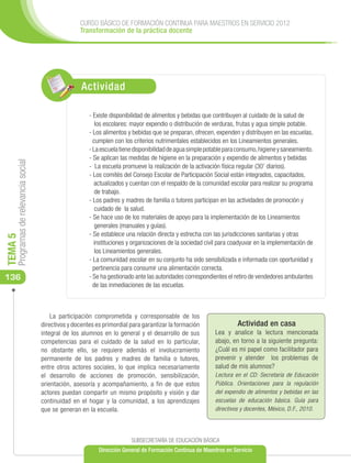 CURSO BÁSICO DE FORMACIÓN CONTINUA PARA MAESTROS EN SERVICIO 2012
                                                     Transformación de la práctica docente




                                                      Actividad

                                                         - Existe disponibilidad de alimentos y bebidas que contribuyen al cuidado de la salud de
                                                            los escolares: mayor expendio o distribución de verduras, frutas y agua simple potable.
                                                         - Los alimentos y bebidas que se preparan, ofrecen, expenden y distribuyen en las escuelas,
                                                           cumplen con los criterios nutrimentales establecidos en los Lineamientos generales.
                                                         - La escuela tiene disponibilidad de agua simple potable para consumo, higiene y saneamiento.
                                                         - Se aplican las medidas de higiene en la preparación y expendio de alimentos y bebidas
     Programas de relevancia social




                                                         - La escuela promueve la realización de la activación física regular (30’ diarios).
                                                         - Los comités del Consejo Escolar de Participación Social están integrados, capacitados,
                                                           actualizados y cuentan con el respaldo de la comunidad escolar para realizar su programa
                                                            de trabajo.
                                                         - Los padres y madres de familia o tutores participan en las actividades de promoción y
                                                            cuidado de la salud.
                                                         - Se hace uso de los materiales de apoyo para la implementación de los Lineamientos
                                                            generales (manuales y guías).
                                                         - Se establece una relación directa y estrecha con las jurisdicciones sanitarias y otras
TEMA 5




                                                           instituciones y organizaciones de la sociedad civil para coadyuvar en la implementación de
                                                            los Lineamientos generales.
                                                         - La comunidad escolar en su conjunto ha sido sensibilizada e informada con oportunidad y
                                                           pertinencia para consumir una alimentación correcta.
136                                                      - Se ha gestionado ante las autoridades correspondientes el retiro de vendedores ambulantes
                                                           de las inmediaciones de las escuelas.



                                          La participación comprometida y corresponsable de los
                                      directivos y docentes es primordial para garantizar la formación                Actividad en casa
                                      integral de los alumnos en lo general y el desarrollo de sus           Lea y analice la lectura mencionada
                                      competencias para el cuidado de la salud en lo particular,             abajo, en torno a la siguiente pregunta:
                                      no obstante ello, se requiere además el involucramiento                ¿Cuál es mi papel como facilitador para
                                      permanente de los padres y madres de familia o tutores,                prevenir y atender los problemas de
                                      entre otros actores sociales, lo que implica necesariamente            salud de mis alumnos?
                                      el desarrollo de acciones de promoción, sensibilización,               Lectura en el CD: Secretaría de Educación
                                      orientación, asesoría y acompañamiento, a fin de que estos             Pública. Orientaciones para la regulación
                                      actores puedan compartir un mismo propósito y visión y dar             del expendio de alimentos y bebidas en las
                                      continuidad en el hogar y la comunidad, a los aprendizajes             escuelas de educación básica. Guía para
                                      que se generan en la escuela.                                          directivos y docentes, México, D.F., 2010.




                                                                          SUBSECRETARÍA DE EDUCACIÓN BÁSICA
                                                             Dirección General de Formación Continua de Maestros en Servicio
 