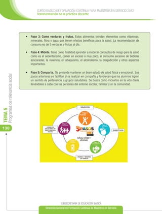 CURSO BÁSICO DE FORMACIÓN CONTINUA PARA MAESTROS EN SERVICIO 2012
                                               Transformación de la práctica docente




                                      •	 Paso 3: Come verduras y frutas. Estos alimentos brindan elementos como vitaminas,
                                         minerales, fibra y agua que tienen efectos benéficos para la salud. La recomendación de
                                         consumo es de 5 verduras y frutas al día.

                                      •	 Paso 4: Mídete. Tiene como finalidad aprender a moderar conductas de riesgo para la salud
                                         como es el sedentarismo, comer en exceso o muy poco, el consumo excesivo de bebidas
                                         azucaradas, la violencia, el tabaquismo, el alcoholismo, la drogadicción y otros aspectos
                                         importantes.

                                      •	 Paso 5: Comparte. Se pretende mantener un buen estado de salud física y emocional. Los
     Programas de relevancia social




                                         pasos anteriores se facilitan si se realizan en compañía y favorecen que los alumnos logren
                                         un sentido de pertenencia a grupos saludables. Se busca cómo incluirlos en la vida diaria
                                         llevándolos a cabo con las personas del entorno escolar, familiar y en la comunidad.
TEMA 5




138




                                                                   SUBSECRETARÍA DE EDUCACIÓN BÁSICA
                                                      Dirección General de Formación Continua de Maestros en Servicio
 