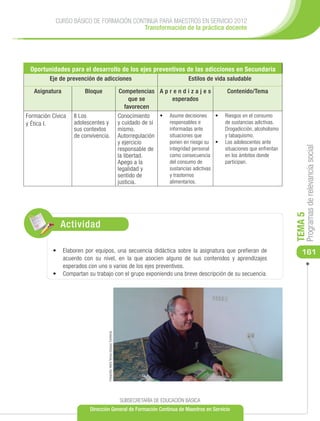 CURSO BÁSICO DE FORMACIÓN CONTINUA PARA MAESTROS EN SERVICIO 2012
                                        Transformación de la práctica docente




 Oportunidades para el desarrollo de los ejes preventivos de las adicciones en Secundaria
         Eje de prevención de adicciones                                                                   Estilos de vida saludable

   Asignatura          Bloque                                                 Competencias A p r e n d i z a j e s          Contenido/Tema
                                                                                  que se        esperados
                                                                                favorecen
Formación Cívica   II Los                                                     Conocimiento    •	 Asume decisiones     •	 Riesgos en el consumo
y Ética I.         adolescentes y                                             y cuidado de sí    responsables e          de sustancias adictivas.
                   sus contextos                                              mismo.             informadas ante         Drogadicción, alcoholismo
                   de convivencia.                                            Autorregulación    situaciones que         y tabaquismo.
                                                                              y ejercicio        ponen en riesgo su •	 Los adolescentes ante




                                                                                                                                                          Programas de relevancia social
                                                                              responsable de     integridad personal     situaciones que enfrentan
                                                                              la libertad.       como consecuencia       en los ámbitos donde
                                                                              Apego a la         del consumo de          participan.
                                                                              legalidad y        sustancias adictivas
                                                                              sentido de         y trastornos
                                                                              justicia.          alimentarios.




                                                                                                                                                     TEMA 5
             Actividad

          •	 	 laboren por equipos, una secuencia didáctica sobre la asignatura que prefieran de
             E                                                                                                                                          161
             acuerdo con su nivel, en la que asocien alguno de sus contenidos y aprendizajes
             esperados con uno o varios de los ejes preventivos.
          •	 Compartan su trabajo con el grupo exponiendo una breve descripción de su secuencia.
                                 Fotografía: María Teresa Vázquez Contreras




                                                                              SUBSECRETARÍA DE EDUCACIÓN BÁSICA
                         Dirección General de Formación Continua de Maestros en Servicio
 