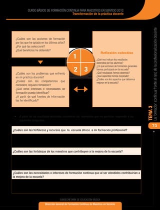 CURSO BÁSICO DE FORMACIÓN CONTINUA PARA MAESTROS EN SERVICIO 2012
                                         Transformación de la práctica docente




                                                                                                                       La formación continua frente al reto de la profesionalización docente
  ¿Cuáles son las acciones de formación
  por las que he optado en los últimos años?
  ¿Por qué las seleccioné?
  ¿Qué beneficios he obtenido?
                                                                            Reflexión colectiva
                                                   1                    ¿Qué nos indican los resultados
                                                                        obtenidos por los alumnos?
                                                                        ¿En qué acciones de formación generales

  ¿Cuáles son los problemas que enfrento
                                                    2        3          hemos participado en la escuela?
                                                                        ¿Qué resultados hemos obtenido?
  en mi práctica docente?                                               ¿Qué aspectos hemos mejorado?
                                                                        ¿Cuáles son los aspectos que debemos
  ¿Cuáles son las competencias que                                      mejorar en la escuela?
  considero requiero fortalecer?
  ¿Qué otros intereses o necesidades de
  formación puedo identificar?
  ¿A partir de qué fuentes de información
  las he identificado?




                                                                                                                  TEMA 3
 •	 	 partir de los resultados obtenidos consideren los elementos que les permitan responder a las
    A
    siguientes preguntas:
                                                                                                                      73
¿Cuáles son las fortalezas y recursos que la escuela ofrece a mi formación profesional?




¿Cuáles son las fortalezas de los maestros que contribuyen a la mejora de la escuela?




¿Cuáles son las necesidades o intereses de formación continua que al ser atendidos contribuirían a
la mejora de la escuela?




                                       SUBSECRETARÍA DE EDUCACIÓN BÁSICA
                          Dirección General de Formación Continua de Maestros en Servicio
 