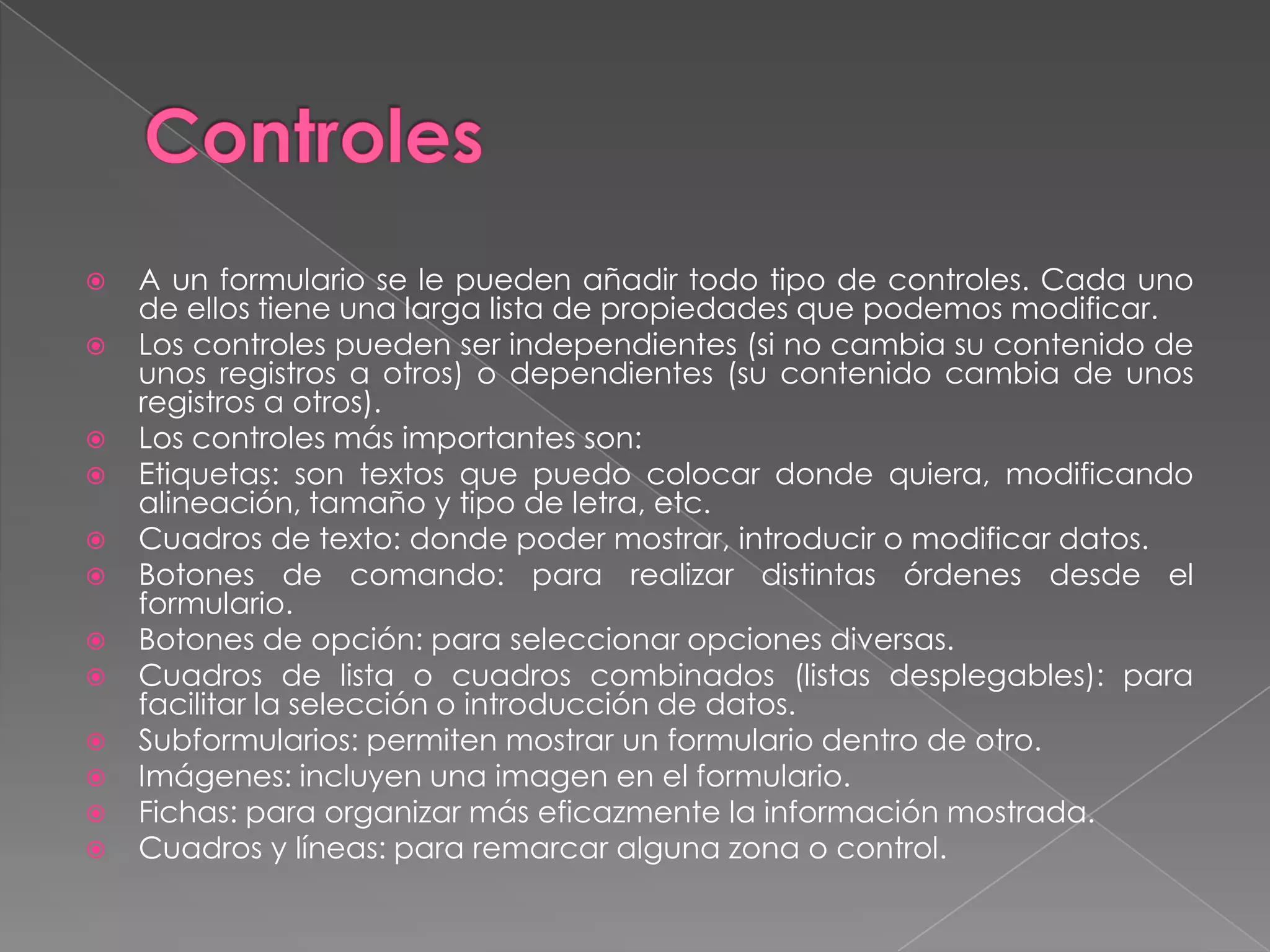 Consultas de Parámetros 	También puede crear un cuadro de diálogo personalizado que solicite los parámetros de la consulta. 	En la celda Criterios, para cada campo que desee utilizar como parámetro, escriba el texto a solicitar entre corchetes. Microsoft Access mostrará este texto cuando se ejecute la consulta. El texto de la solicitud debe ser diferente del nombre del campo, aunque puede incluir el nombre del campo. 	Para un campo que muestra la fecha, puede mostrar el texto " Introduzca la fecha inicial:" y el texto " Introduzca la fecha final:" para especificar un intervalo de valores. 	En la celda Criterio del campo, escriba Between [Introduzca la fecha inicial:] And [Introduzca la fecha final:]. 	Para solicitar al usuario uno o varios caracteres por los que buscar y, a continuación, buscar registros que comiencen o contengan los caracteres especificados por el usuario, cree una consulta de parámetros que utilice el operador LIKE y el símbolo comodín de asterisco (*).