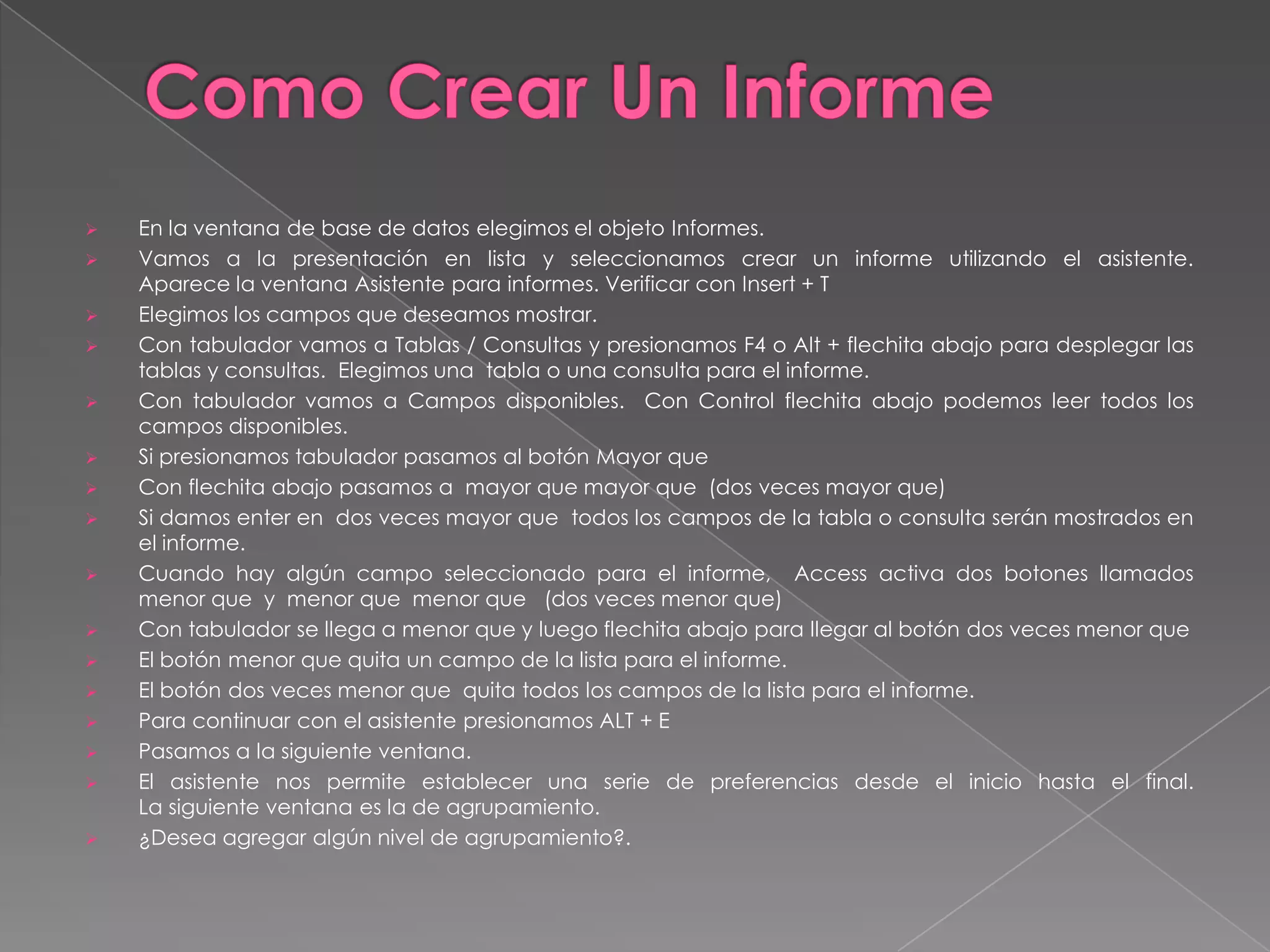 ControlesA un formulario se le pueden añadir todo tipo de controles. Cada uno de ellos tiene una larga lista de propiedades que podemos modificar.Los controles pueden ser independientes (si no cambia su contenido de unos registros a otros) o dependientes (su contenido cambia de unos registros a otros).Los controles más importantes son:Etiquetas: son textos que puedo colocar donde quiera, modificando alineación, tamaño y tipo de letra, etc.Cuadros de texto: donde poder mostrar, introducir o modificar datos.Botones de comando: para realizar distintas órdenes desde el formulario.Botones de opción: para seleccionar opciones diversas.Cuadros de lista o cuadros combinados (listas desplegables): para facilitar la selección o introducción de datos.Subformularios: permiten mostrar un formulario dentro de otro.Imágenes: incluyen una imagen en el formulario.Fichas: para organizar más eficazmente la información mostrada.Cuadros y líneas: para remarcar alguna zona o control.