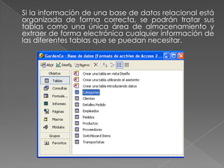 Los informes. Formas de presentar organizadamente la información que nos interesa, aunque pueden usarse directamente sobre el ordenador están concebidos para ser impresos como listados.Las macros. Macroinstrucciones, permiten realizar, en un único paso, un conjunto de operaciones, que previamente han tenido que ser grabadas.