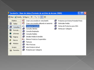 Relación entre las tablasPara poder relacionar dos tablas de la base de datos es necesario que tengan un campo común (aunque no es necesario que tenga el mismo nombre), de modo que algunos registros de ambas tablas tengan el mismo dato en ese campo.La relación puede ser de uno a uno o de uno a varios registros.Se abre Herramientas/ Relaciones, se agregan las tablas que se quieren relacionar y se colocan una frente a la otra. Se arrastra con el ratón el campo de una de ellas (será tabla principal) hasta el campo común de la otra (será tabla secundaria).Si se activa la opción Integridad referencial se impedirá la introducción de un nuevo registro en la tabla secundaria si este no va a estar relacionado con algún registro de la tabla principal. Tampoco podrán borrarse registros de la tabla principal que estén relacionados con otros de la secundaria.Cuando una tabla está implicada en una relación y actúa como tabla principal, su ventana hoja de datos presentará en la columna más a la izquierda unos signos + desde los que se podrá abrir hojas de datos secundarias con los datos relacionados de la tabla secundaria.