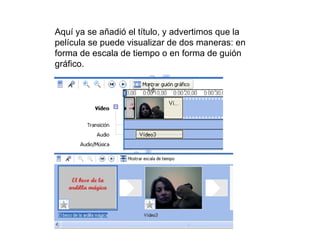 Aquí ya se añadió el título, y advertimos que la película se puede visualizar de dos maneras: en forma de escala de tiempo o en forma de guión gráfico. 