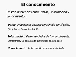 El conocimiento Existen diferencias entre  datos ,  información  y  conocimiento. Datos : Fragmentos aislados sin sentido por sí solos. Ejemplos:  4, Casas, 6:40 A. M. Información : Datos asociados de forma coherente. Ejemplo:  Hay 20 casas cada 100 metros en esta calle. Conocimiento : Información una vez asimilada. 