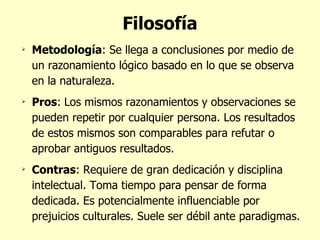 Filosofía Metodología : Se llega a conclusiones por medio de un razonamiento lógico basado en lo que se observa en la naturaleza. Pros :   Los mismos razonamientos y observaciones se pueden repetir por cualquier persona. Los resultados de estos mismos son comparables para refutar o aprobar antiguos resultados. Contras : Requiere de gran dedicación y disciplina intelectual. Toma tiempo para pensar de forma dedicada. Es potencialmente influenciable por prejuicios culturales. Suele ser débil ante paradigmas. 