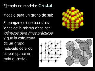 Ejemplo de modelo:  Cristal. Modelo para un grano de sal: Supongamos que todos los iones de la misma clase son  idénticos para fines prácticos , y que la estructura de un grupo reducido de ellos es semejante en todo el cristal. 