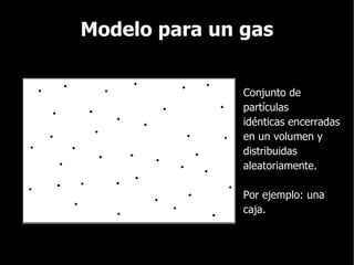 Modelo para un gas Conjunto de partículas idénticas encerradas en un volumen y  distribuidas aleatoriamente. Por ejemplo: una caja. 
