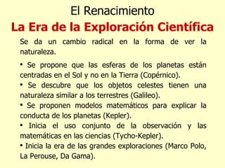 El Renacimiento La Era de la Exploración Científica Se da un cambio radical en la forma de ver la naturaleza. Se propone que las esferas de los planetas están centradas en el Sol y no en la Tierra (Copérnico). Se descubre que los objetos celestes tienen una naturaleza similar a los terrestres (Galileo). Se proponen modelos matemáticos para explicar la conducta de los planetas (Kepler). Inicia el uso conjunto de la observación y las matemáticas en las ciencias (Tycho-Kepler). Inicia la era de las grandes exploraciones (Marco Polo, La Perouse, Da Gama). 