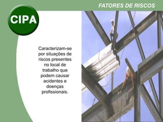 FATORES DE RISCOS
Caracterizam-se
por situações de
riscos presentes
no local de
trabalho que
podem causar
acidentes e
doenças
profissionais.
 