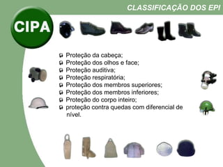  Proteção da cabeça;
 Proteção dos olhos e face;
 Proteção auditiva;
 Proteção respiratória;
 Proteção dos membros superiores;
 Proteção dos membros inferiores;
 Proteção do corpo inteiro;
 proteção contra quedas com diferencial de
n nível.
CLASSIFICAÇÃO DOS EPI
 