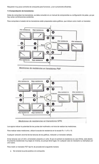 Requieren muy poca corriente de compuerta para funcionar, y son sumamente eficientes.
7.3 Comprobación de transistores:
Antes de comprobar los transistores, se debe consultar en un manual de componentes su configuración de patas, ya que
hay varias combinaciones existentes.
Para comprobar el estado de los transistores están preparados estos gráficos, que indican como medir un transistor.
Los signos indican la polaridad de las puntas del multímetro a la hora de realizar las mediciones.
Para realizar estas mediciones, utilizar la escala de resistencia en la escala R x 1 o R x 10.
Cualquier variación anormal de las lecturas de los gráficos, indicarán un transistor dañado.
Si las lecturas van a 0 ohm, el transistor presenta un corto. Si por el contrario la resistencia es casi infinita, está abierto.
Si presenta resistencias muy bajas en inversa, es porque tiene fugas. En cualquier caso es necesario su reemplazo por
uno nuevo.
Para medir un transistor FET tipo N, de procede de la siguiente manera:
a. Se conecta la punta positiva a la compuerta.
 