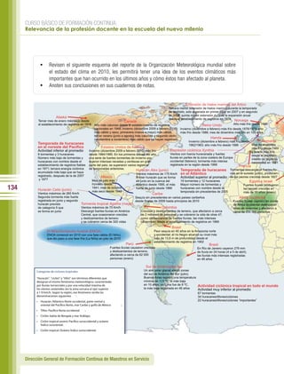 CURSO BÁSICO DE FORMACIÓN CONTINUA:
      Relevancia de la profesión docente en la escuela del nuevo milenio




                 •	 Revisen el siguiente esquema del reporte de la Organización Meteorológica mundial sobre
                    el estado del clima en 2010, les permitirá tener una idea de los eventos climáticos más
                    importantes que han ocurrido en los últimos años y cómo éstos han afectado al planeta.
                 •	 Anoten sus conclusiones en sus cuadernos de notas.


                                                                                                                                 Extensión de hielos marinos del Ártico
                                                                                                                    Tercera menor extensión de hielos marinos durante la temporada
                                                                                                                    de deshielo, solo superada en primer lugar en 2007 y en segundo
                                                                                                                    en 2008; quinta menor extensión durante la expansión anual
                             Alaska                                                                                 desde el establecimiento de registros en 1979 Noruega
                Tercer mes de enero más seco desde                               Canadá
                el establecimiento de registros en 1918 Año más caluroso desde el establecimiento de registros                              Reino Unido             Año más frío desde 1985
                                                          nacionales en 1948; invierno (diciembre 2009 a febrero 2010) Invierno (diciembre a febrero) más frío desde 1978/1979; año
                                                          más cálido y seco, primavera (marzo a mayo) más cálida,           más frío desde 1986; mes de diciembre más frío en 100 años
                                                          tercer verano (junio a agosto) más caluroso y segundo otoño
                                                          (septiembre a noviembre) más cálido que se hayan registrado                             Irlanda
                                                                                                                                  Invierno (diciembre a febrero) más frío desde           Alemania
                Temporada de huracanes                                                                                            1962/1963; año más frío desde 1986              Mes de diciembre
                en el noreste del Pacífico                     Estados Unidos de América                                                                                          más frío desde 1969
                Actividad inferior al promedio        Invierno (diciembre 2009 a febrero 2010) más frío            Depresión ciclónica Xynthia                                    y cuarto más frío
                8 tormentas y 3 huracanes             desde 1984/1985. En los primeros meses del año,              Vientos con fuerza huracanada y fuertes                        desde el estableci-
                Número más bajo de tormentas y        una serie de fuertes tormentas de invierno pro-              lluvias en partes de la zona costera de Europa                 miento de registros
                huracanes con nombre desde el         dujeron intensas nevadas y ventiscas en gran                 occidental (febrero); tormenta más intensa                     nacionales en 1881
                establecimiento de registros fiables parte del país; se superaron varios registros                 registrada en la región desde 1999                   Francia
                en 1971; tercera energía ciclónica    de temporadas anteriores.
                                                                                         Huracán Alex (junio)               Temporada de huracanes Tormentas descargaron fuertes llu-
                acumulada más baja que se haya
                                                                                         Vientos máximos de 175 Km/h en el Atlántico                             vias en el sureste (junio), producien-
                registrado, después de la de 2007              México                    Primer huracán que se forma        Actividad superior al promedio do las peores crecidas desde 1827
                 y 1977                                 Mes de julio más                 en junio en la cuenca del          19 tormentas y 12 huracanes                          Egipto e Israel
                                                        húmedo desde                     Atlántico desde 1995, el más       Mayor número de tormentas y                     Fuertes lluvias produjeron
134             Huracán Celia (junio)
                                                        1941; mes de octubre
                                                        más seco desde 1948
                                                                                         fuerte de junio desde 1966         huracanes con nombre desde la
                                                                                                                            temporada sin precedentes de 2005
                                                                                                                                                                            las peores crecidas en
                Vientos máximos de 260 Km/h                                                                                                                                 más de 10 años (enero)
                                                                                                        Caribe
                Segunda tormenta más fuerte                                       Sequía sin precedentes en varios países caribeños                                        África occidental
                registrada en junio y segundo                                     desde finales de 2009 hasta principios de 2010                                      Fuertes lluvias (agosto) en zonas
                huracán previsto              Tormenta tropical Agatha (mayo)                                                                                         de África occidental destruyeron
                de categoría 5 que            Vientos máximos de 75 Km/h                             Colombia                                                         miles de viviendas y afectaron a
                se forma en junio             Descargó fuertes lluvias en América    Crecidas y deslizamientos de terreno, que afectaron a cerca                      cerca de 200 000 personas
                                              Central, que ocasionaron crecidas      de 2 millones de personas y se cobraron la vida de otras 47,
                                              y deslizamientos de terreno            como consecuencia de fuertes lluvias, las más intensas
                                              y se cobraron cerca de 320 vidas       (diciembre) desde el establecimiento de registros en 1969
                                                                                                                        Brasil
                      El Niño/Oscilación Austral (ENOA)                                                   Peor sequía en 40 años en la Amazonia norte
                      ENOA comenzó en 2010 con una fase cálida (El Niño),                                 y occidental; el río Negro alcanzó su nivel más
                      que dio paso a una fase fría (La Niña) en julio de 2010                             bajo de 13,6 m de profundidad desde el
                                                                                                          establecimiento de registros en 1902
                                                                                      Perú                                                         Brasil
                                                                          Fuertes lluvias causaron crecidas                               En Río de Janeiro cayeron 279 mm
                                                                          y deslizamientos de terreno,                                    de lluvia en 24 horas (4 a 5 de abril),
                                                                          afectando a cerca de 62 000                                     las lluvias más intensas registradas
                                                                          personas (enero)                                                en 48 años

                                                                                                    Sur de América del Sur
            Categorías de ciclones tropicales                                                     Un aire polar glacial afectó zonas
                                                                                                  del sur de América del Sur (julio);
            “Huracán", "ciclón" y "tifón" son términos diferentes que                             Buenos Aires registró una temperatura
            designan el mismo fenómeno meteorológico, caracterizado                               mínima de -1,5 ºC, la más baja
            por lluvias torrenciales y por una velocidad máxima de                                en 10 años; en Lima fue de 8 ºC,      Actividad ciclónica tropical en todo              el mundo
            los vientos sostenidos (en la zona cercana al ojo) superior                           la más baja registrada en 46 años     Actividad muy inferior al promedio
            a 119 km/h. Según la región, ese fenómeno recibe las                                                                        67 tormentas
            denominaciones siguientes        :                                                                                          34 huracanes/tifones/ciclones
            •    Huracán: Atlántico Norte occidental, parte central y                                                                   22 huracanes/tifones/ciclones “importantes”
                 oriental del Pací co Norte, mar Caribe y golfo de México         ;
            • Tifón: Pací co Norte occidental       ;
            • Ciclón: bahía de Bengala y mar Arábigo;
            •    Ciclón tropical severo: Pací co suroccidental y océano
                 Índico suroriental;
            • Ciclón tropical: Océano Índico suroccidental.




                                              Temperaturas regionales                                                    una diferencia de casi un grado en algunos
                                                                                                                         lugares. Se registraron temperaturas inferiores
                                              Tanto para el hemisferio norte como para África,                           a la media en un número reducido de zonas
      Dirección General de Formación fue el año más cálido del que se tenga regis
                                2010
                                     Continua de Maestros en Servicio                                               -    terrestres, siendo los casos más destacados
                                              tro, en particular en seis subregiones, a saber,                           los de las zonas del oeste y centro de Siberia,
                                              África occidental, Sáhara/península Arábiga,                               zonas del centro y norte de Australia, zonas del
 