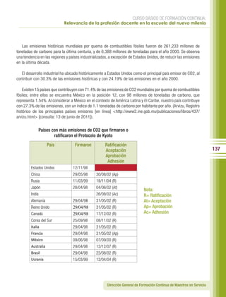 CURSO BÁSICO DE FORMACIÓN CONTINUA:
                             Relevancia de la profesión docente en la escuela del nuevo milenio




   Las emisiones históricas mundiales por quema de combustibles fósiles fueron de 261,233 millones de
toneladas de carbono para la última centuria, y de 6,388 millones de toneladas para el año 2000. Se observa
una tendencia en las regiones y países industrializados, a excepción de Estados Unidos, de reducir las emisiones
en la última década.

   El desarrollo industrial ha ubicado históricamente a Estados Unidos como el principal país emisor de CO2, al
contribuir con 30.3% de las emisiones históricas y con 24.19% de las emisiones en el año 2000.

    Existen 15 países que contribuyen con 71.4% de las emisiones de CO2 mundiales por quema de combustibles
fósiles; entre ellos se encuentra México en la posición 12, con 98 millones de toneladas de carbono, que
representa 1.54%. Al considerar a México en el contexto de América Latina y El Caribe, nuestro país contribuye
con 27.3% de las emisiones, con un índice de 1.1 toneladas de carbono por habitante por año. (Arvizu, Registro
histórico de los principales países emisores [en línea] <http://www2.ine.gob.mx/publicaciones/libros/437/
arvizu.html> [consulta: 13 de junio de 2011]).


                Países con más emisiones de CO2 que firmaron o
                        ratificaron el Protocolo de Kyoto
                    País           Firmaron           Ratificación
                                                      Aceptación                                                         137
                                                      Aprobación
                                                       Adhesión
        Estados Unidos            12/11/98
        China                     29/05/98      30/08/02 (Ap)
        Rusia                     11/03/99      18/11/04 (R)
        Japón                     28/04/98      04/06/02 (At)
                                                                              Nota:
        India                                   26/08/02 (Ac)                 R= Ratificación
        Alemania                  29/04/98      31/05/02 (R)                  At= Aceptación
        Reino Unido               29/04/98      31/05/02 (R)                  Ap= Aprobación
        Canadá                    29/04/98      17/12/02 (R)                  Ac= Adhesión
        Corea del Sur             25/09/98      08/11/02 (R)
        Italia                    29/04/98      31/05/02 (R)
        Francia                   29/04/98      31/05/02 (Ap)
        México                    09/06/98      07/09/00 (R)
        Australia                 29/04/98      12/12/07 (R)
        Brasil                    29/04/98      23/08/02 (R)
        Ucrania                   15/03/99      12/04/04 (R)




                                                       Dirección General de Formación Continua de Maestros en Servicio
 