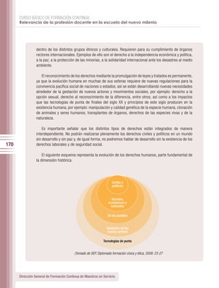 CURSO BÁSICO DE FORMACIÓN CONTINUA:
      Relevancia de la profesión docente en la escuela del nuevo milenio




                 dentro de los distintos grupos étnicos y culturales. Requieren para su cumplimiento de órganos
                 rectores internacionales. Ejemplos de ello son el derecho a la independencia económica y política,
                 a la paz, a la protección de las minorías, a la solidaridad internacional ante los desastres al medio
                 ambiente.

                     El reconocimiento de los derechos mediante la promulgación de leyes y tratados es permanente,
                 ya que la evolución humana en muchas de sus esferas requiere de nuevas regulaciones para la
                 convivencia pacífica social de naciones o estados; así se están desarrollando nuevas necesidades
                 alrededor de la gestación de nuevos actores y movimientos sociales, por ejemplo: derecho a la
                 opción sexual, derecho al reconocimiento de la diferencia, entre otros; así como a los impactos
                 que las tecnologías de punta de finales del siglo XX y principios de este siglo producen en la
                 existencia humana, por ejemplo: manipulación y calidad genética de la especie humana, clonación
                 de animales y seres humanos, transplantes de órganos, derechos de las especies vivas y de la
                 naturaleza.

                     Es importante señalar que los distintos tipos de derechos están integrados de manera
                 interdependiente. No podrán realizarse plenamente los derechos civiles y políticos en un mundo
                 sin desarrollo y sin paz y, de igual forma, no podremos hablar de desarrollo sin la existencia de los
170              derechos laborales y de seguridad social.

                     El siguiente esquema representa la evolución de los derechos humanos, parte fundamental de
                 la dimensión histórica.




                                                                    Civiles y
                                                                    políticos


                                                                    Sociales,
                                                                  económicos y
                                                                    culturales

                                                                 De los pueblos


                                                                Gestación de los
                                                                nuevos actores

                                                              Tecnologías de punta


                                          (Tomado de SEP, Diplomado formación cívica y ética, 2008: 23-27




      Dirección General de Formación Continua de Maestros en Servicio
 