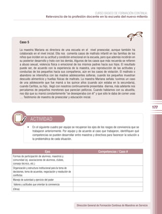 CURSO BÁSICO DE FORMACIÓN CONTINUA:
                                 Relevancia de la profesión docente en la escuela del nuevo milenio




          Caso 5

          La maestra Mariana es directora de una escuela en el nivel preescolar, aunque también ha
          colaborado en el nivel inicial. Ella nos comenta casos de maltrato infantil en las familias de los
          niños que inciden en su actitud y condición emocional en la escuela, pero que además incidirán en
          su posterior desarrollo y trato con los demás. Algunos de los casos que más recuerda se refieren
          a abuso sexual, violencia física o emocional de los mismos padres hacia sus hijos. El resultado
          puede ser, de acuerdo con la experiencia de la maestra, una reproducción de las actitudes y
          conductas de los pequeños hacia sus compañeros, aún en los casos de violación. El maltrato o
          abandono se intensifica con las madres adolescentes solteras, cuando los pequeños muestran
          descuido alimenticio y huellas físicas de maltrato. La maestra Mariana señala: tuvimos un caso
          de una adolescente que fue mamá a los quince años (cuando aún estaba en la secundaria),
          cuando Carlitos, su hijo, llegó con nosotros continuamente presentaba diarrea, más adelante nos
          percatamos de pequeños moretones que parecían pellizcos. Cuando hablamos con su abuelita,
          nos dijo que su mamá constantemente “se desesperaba con él” y que sólo le daba de comer uvas
          … Testimonio de maestra de preescolar y educación inicial.


                                                                                                                              177


                   ACTIVIDAD
                •	 En el siguiente cuadro por equipo se recuperan los ejes de los rasgos de convivencia que se
                    trabajaron anteriormente. Por equipo y de acuerdo al caso que trabajaron, identifiquen qué
                    competencias se pueden desarrollar entre maestros y directivos para favorecer la solución a
                    la problemática de cada situación.



                                Ejes                                           Competencias / Caso #
Formas de participación de alumnos, maestros y
comunidad (ej. asociaciones de alumnos, clubes,
consejo técnico, etc.)
Organización y estructura institucional para la toma de
decisiones, toma de acuerdos, negociación y resolución de
conflictos
Manejo de autoridad y ejercicio del poder
Valores y actitudes que orientan la convivencia
(Otros)




                                                            Dirección General de Formación Continua de Maestros en Servicio
 