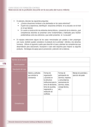 CURSO BÁSICO DE FORMACIÓN CONTINUA:
      Relevancia de la profesión docente en la escuela del nuevo milenio




             •	 En plenaria, discutan las siguientes preguntas:
                 •	 ¿Conoce situaciones similares a las planteadas en los casos anteriores?
                 •	 A partir de su experiencia, identifiquen situaciones similares en su escuela o en el nivel
                           en el que laboran
                   •	 En cuanto a construcción de ambientes democráticos y prevención de la violencia, ¿qué
                           competencias docentes se presentan como fundamentales y habituales para resolver
                           problemáticas como las anteriores y que están presentes en la escuela?

             •	 En equipos seleccionen alguno de los casos mencionados por ustedes o bien propongan
                  uno nuevo, también pueden considerar el producto de la actividad referida a los derechos
                  humanos. Utilicen el siguiente cuadro para describir el caso y plantear las competencias que
                  desarrollarían para solucionarlo. Incorporen o usen este esquema para mejorar su segundo
                  producto, Estrategias de apoyo para la prevención y atención de la violencia.




           Nombre de la escuela

178           Nivel/modalidad

            Descripción del caso

                                     Valores y actitudes   Formas de               Formas de           Manejo de autoridad y
                                     que orientan la       organización            participación de    ejercicio del poder
                                     convivencia           y acciones en           alumnos, maestros
                                                           la estructura           y comunidad (ej.
                                                           institucional para la   asociaciones de
                    Ejes
                                                           toma de decisiones,     alumnos, clubes,
                                                           toma de acuerdos,       consejo técnico,
                                                           negociación y           etc.)
                                                           resolución de
                                                           conflictos




               Competencias




      Dirección General de Formación Continua de Maestros en Servicio
 
