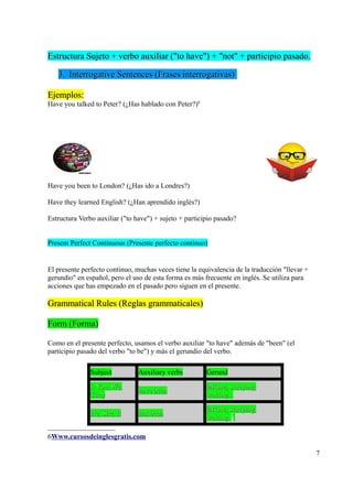 Estructura Sujeto + verbo auxiliar ("to have") + "not" + participio pasado.

   3. Interrogative Sentences (Frases interrogativas)

Ejemplos:
Have you talked to Peter? (¿Has hablado con Peter?)6




Have you been to London? (¿Has ido a Londres?)

Have they learned English? (¿Han aprendido inglés?)

Estructura Verbo auxiliar ("to have") + sujeto + participio pasado?


Present Perfect Continuous (Presente perfecto continuo)


El presente perfecto continuo, muchas veces tiene la equivalencia de la traducción "llevar +
gerundio" en español, pero el uso de esta forma es más frecuente en inglés. Se utiliza para
acciones que has empezado en el pasado pero siguen en el presente.

Grammatical Rules (Reglas grammaticales)

Form (Forma)

Como en el presente perfecto, usamos el verbo auxiliar "to have" además de "been" (el
participio pasado del verbo "to be") y más el gerundio del verbo.

               Subject          Auxiliary verbs         Gerund

               I, You, We,                              talking, studying,
                                have been
               They                                     waiting...

                                                        talking, studying,
               He, She, It      has been
                                                        waiting. 7.

6Www.cursosdeinglesgratis.com

                                                                                               7
 