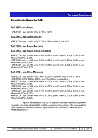 Classificação Normativa SAE
SAE 5XXX – aço-Cromo
•SAE 51XX – aço com Cr entre 0,70% e 1,20%
SAE 6XXX – aço-Cromo-Vanádio
•SAE 61XX – aço com Cr entre 0,70% e 1,00% e com 0,10% de V
SAE 7XXX – aço-Cromo-Tugstenio
SAE 8XXX – aço-Níquel-Cromo-Molibdênio
•SAE 81XX – aço com Ni entre 0,20% e 0,40%, com Cr entre 0,30% e 0,55% e com
Mo entre 0,08% e 0,15%
•SAE 86XX – aço com Ni entre 0,30% e 0,70%, com Cr entre 0,40% e 0,85% e com
Mo entre 0,08% e 0,25%
•SAE 87XX – aço com Ni entre 0,40% e 0,70%, com Cr entre 0,40% e 0,60% e com
Mo entre 0,20% e 0,30%
Composição química
Aciaria GGRJ-ACI-LC-020 Preparação do Distribuidor para Partida ‹nº› 17/05/03
SAE 92XX – aço-Silício-Manganês
•SAE 92XX – aço com Si entre 1,80% e 2,20% e com Mn entre 0,70% e 1,00%
•SAE 93XX, 94XX, 97XX e 98XX – aço-Níquel-Cromo-Molibdênio
•SAE 93XX – aço com Ni entre 3,00% e 3,50%, com Cr entre 1,00% e 1,40% e com
Mo entre 0,08% e 0,15%
•SAE 94XX – aço com Ni entre 0,30% e 0,60%, com Cr entre 0,30% e 0,50% e com
Mo entre 0,08% e 0,15%
•SAE 97XX – aço com Ni entre 0,40% e 0,70%, com Cr entre 0,10% e 0,25% e com
Mo entre 0,15% e 0,25%
•SAE 98XX – aço com Ni entre 0,85% e 1,15%, com Cr entre 0,70% e 0,90% e com
Mo entre 0,20% e 0,30%
Apesar da classificação SAE ser bastante extensa e completa, conforme
mostrado no extrato apresentado, muitos aços comumente usados não se enquadram
nela, devido aos elementos de suas ligas não estarem dentro das faixas previstas
nesta classificação.
CURSO BÁSICO DE LINGOTAMENTO CONTINUO CRISTIANO FAUSTINO ALMEIDA 12 2016
 