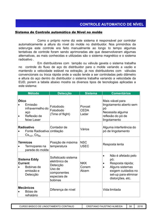 CONTROLE AUTOMATICO DE NÍVEL
Como o próprio nome diz este sistema é responsável por controlar
automaticamente a altura do nível do molde no distribuidor. Nos primórdios da
siderurgia este controle era feito manualmente ao longo to tempo algumas
tentativas de controle foram sendo aprimoradas ate que desenvolveram algumas
alternativas, as mais conhecidas e utilizadas são o sistema magnético e o sistema
radioativo .
Em distribuidores com tampão ou válvula gaveta o sistema trabalha
no controle do fluxo de aço do distribuidor para o molde variando a vazão e
mantendo a velocidade estável na extração, já nos distribuidores com válvulas
convencionais ou troca rápida onde a vazão tende a ser controladas pelo diâmetro
e altura do aço dentro do distribuidor o sistema trabalha variando a velocidade da
EUD, porem a tabela abaixo mostra os diversos tipos de tecnologias aplicadas a
este sistema:
Sistema de Controle automático de Nível no molde
Método Detecção Sistema Comentários
Ótico
 Emissão
infravermelho do
aço
Fotodiodo
Fotodiodo
Poncet
CEDA
Mais viável para
lingotamento aberto sem
pó
Necessita alguma
Aciaria GGRJ-ACI-LC-020 Preparação do Distribuidor para Partida ‹nº› 17/05/03
aço
 Reflexão de
feixe Laser
Fotodiodo
(Time of flight)
CEDA
Ladar
Necessita alguma
reflexão do pó de
lingotamento
Radioativo
 Fonte Radioativa
Cs137, Co60
Contador de
cintilação
Vários
Alguma interferência do
pó de lingotamento
Térmicos
 Termopares na
parede do molde
Posição de máxima
temperatura
NSC
USEC
Resposta lenta
Sistema Eddy
Current
 Bobinas de
emissão e
Detecção
Sofisticado sistema
eletrônico de
Detecção
Uso de
componentes
especiais de
bobinas
NKK
Conem
Alcem
 Não é afetado pelo
pó;
 Resposta rápida;
 Alguns sistemas
exigem cuidados no
set-up para eliminar
distorções, etc.
Mecânicos
 Bóias de
refratário
Diferença de nível Vida limitada
CURSO BÁSICO DE LINGOTAMENTO CONTINUO CRISTIANO FAUSTINO ALMEIDA 58 2016
 
