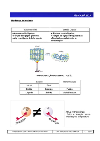 Mudança de estado
Estado Sólido Estado Líquido
Átomos muito ligados
Forças de ligação grandes
Alta resistência à deformação
 Átomos pouco ligados
 Forças de ligação fraquíssimas
Baixíssima resistência à
deformação
FÍSICA BÁSICA
Aciaria GGRJ-ACI-LC-020 Preparação do Distribuidor para Partida ‹nº› 17/05/03
Estado Denominação
Inicial Final
Sólido Líquido Fusão
Líquido Sólido Solidificação
TRANSFORMAÇÃO DE ESTADO - FUSÃO
O LC retira energia!
Calor é energia, sendo
medido pela temperatura
LD
CURSO BÁSICO DE LINGOTAMENTO CONTINUO CRISTIANO FAUSTINO ALMEIDA 7 2016
 