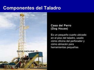 Componentes del Taladro
Casa del Perro
(Dog House)
Es un pequeño cuarto ubicado
en el piso del taladro, usado
cómo oficina del perforador y
cómo almacén para
herramientas pequeñas
 