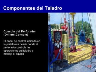 Componentes del Taladro
Consola del Perforador
(Drillers Console)
El panel de control, ubicado en
la plataforma desde donde el
perforador controla las
operaciones del taladro y
maneja el equipo
 