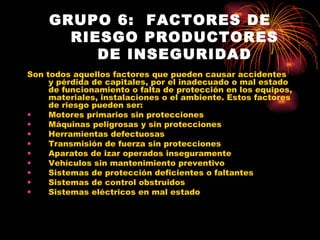GRUPO 6:  FACTORES DE RIESGO PRODUCTORES DE INSEGURIDAD Son todos aquellos factores que pueden causar accidentes y pérdida de capitales, por el inadecuado o mal estado de funcionamiento o falta de protección en los equipos, materiales, instalaciones o el ambiente. Estos factores de riesgo pueden ser: Motores primarios sin protecciones Máquinas peligrosas y sin protecciones Herramientas defectuosas Transmisión de fuerza sin protecciones Aparatos de izar operados inseguramente Vehículos sin mantenimiento preventivo Sistemas de protección deficientes o faltantes Sistemas de control obstruidos Sistemas eléctricos en mal estado 