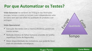 Por que Automatizar os Testes?
Hugo Peres
Visão Gerencial: As variáveis do Triângulo das Restrições
(escopo, tempo e custo) se tornam mais independentes uma
da outra sem que isso afete na qualidade do produto a ser
entregue.
Visão Operacional:
 Execução dos testes com a mesma eficiência, porém em
menos tempo.
 Redução drástica de falhas humanas oriundas de tarefas
repetitivas (Teste de Regressão).
 Maior disponibilidade dos testadores, que poderão focar
mais em atividades estratégicas.
Curso Básico
 