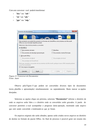 Com este conversor você poderá transformar:
• "doc " em "odt "
• "xls " em "ods "
• "ppt " em "odp "
Figura 11: Conversor de Documentos
Fonte: Autor
Observe pela Figura 11 que podem ser convertidos diversos tipos de documentos
(texto, planilha e apresentação) simultaneamente ou separadamente. Basta marcar as opções
desejadas.
Selecione as opções clique em próximo, selecione “Documentos” informe o diretório de
onde os arquivos serão lidos e o diretório onde os convertidos serão gravados. A janela do
conversor permitirá a você acompanhar o progresso desta operação, mostrando cada arquivo
que está sendo convertido e totalizando os que já foram.
Os arquivos originais não serão afetados, apenas serão criados novos arquivos no diretório
de destino no formato do pacote Office. Ao final do processo é possível gerar um resumo dos
19
 