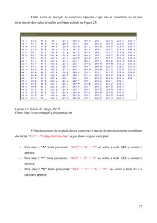 Outra forma de inserção de caracteres especiais e que não se encontram no teclado
seria através das teclas de atalho conforme exibido na Figura 23:
Figura 23: Tabela de código ASCII
Fonte: http://www.portugal-a-programar.org
O funcionamento da inserção destes caracteres é através do pressionamento simultâneo
das teclas “ALT” + “Código do Caractere” segue abaixo alguns exemplos:
• Para inserir “A” basta pressionar: “ALT” + “6” + “5” ao soltar a tecla ALT o caractere
aparece.
• Para inserir “!” basta pressionar: “ALT” + “3” + “3” ao soltar a tecla ALT o caractere
aparece.
• Para inserir “®” basta pressionar: “ALT” + “1” + “6” + “9” ao soltar a tecla ALT o
caractere aparece.
32
 