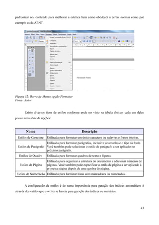 padronizar seu conteúdo para melhorar a estética bem como obedecer a certas normas como por
exemplo as da ABNT.
Figura 32: Barra de Menus opção Formatar
Fonte: Autor
Existe diversos tipos de estilos conforme pode ser visto na tabela abaixo, cada um deles
possui uma série de opções:
Nome Descrição
Estilos de Caractere Utilizada para formatar um único caractere ou palavras e frases inteiras.
Estilos de Parágrafo
Utilizada para formatar parágrafos, inclusive o tamanho e o tipo da fonte.
Você também pode selecionar o estilo de parágrafo a ser aplicado no
próximo parágrafo.
Estilos de Quadro Utilizada para formatar quadros de texto e figuras.
Estilos de Página
Utilizada para organizar a estrutura do documento e adicionar números de
páginas. Você também pode especificar o estilo de página a ser aplicado à
primeira página depois de uma quebra de página.
Estilos de Numeração Utilizada para formatar listas com marcadores ou numeradas.
A configuração de estilos é de suma importância para geração dos índices automáticos é
através dos estilos que o writer se baseia para geração dos índices ou sumários.
43
 