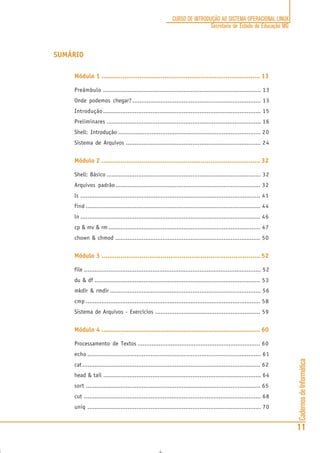 CadernosdeInformática
11
CURSO DE INTRODUÇÃO AO SISTEMA OPERACIONAL LINUX
Secretaria de Estado de Educação MG
SUMÁRIO
Módulo 1 ................................................................................... 13
Preâmbulo .......................................................................................... 13
Onde podemos chegar? ......................................................................... 13
Introdução.......................................................................................... 15
Preliminares ........................................................................................ 16
Shell: Introdução ................................................................................. 20
Sistema de Arquivos ............................................................................. 24
Módulo 2 ................................................................................... 32
Shell: Básico ........................................................................................ 32
Arquivos padrão................................................................................... 32
ls ....................................................................................................... 41
find .................................................................................................... 44
ln ....................................................................................................... 46
cp & mv & rm ....................................................................................... 47
chown & chmod ................................................................................... 50
Módulo 3 ................................................................................... 52
file ..................................................................................................... 52
du & df ............................................................................................... 53
mkdir & rmdir ...................................................................................... 56
cmp .................................................................................................... 58
Sistema de Arquivos - Exercícios ............................................................ 59
Módulo 4 ................................................................................... 60
Processamento de Textos ...................................................................... 60
echo ................................................................................................... 61
cat...................................................................................................... 62
head & tail .......................................................................................... 64
sort .................................................................................................... 65
cut ..................................................................................................... 68
uniq ................................................................................................... 70
 