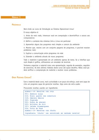 CadernosdeInformática
13
CURSO DE INTRODUÇÃO AO SISTEMA OPERACIONAL LINUX
Secretaria de Estado de Educação MG
MÓDULO 1
PREÂMBULO
Bem-vindo ao curso de Introdução ao Sistema Operacional Linux!
O nosso objetivo é:
1. Antes de mais nada, interessar você em computação e desmistificar o acesso aos
computadores
2. Definir o contexto dos sistemas Unix e Linux em particular
3. Apresentar alguns dos programas mais simples e comuns do ambiente
4. Mostrar que, mesmo com um conjunto pequeno de programas, é possível resolver
problemas reais
5. Explicar a comunicação entre programas via rede
6. Estender o ambiente através de novos programas
Todo o material é apresentado em um ambiente apenas de texto. Se a interface que
você dispõe é gráfica, utilizaremos um emulador de terminal.
Tentamos organizar o material como uma apresentação, seguida de exemplos, seguidos
de exercícios. Os dois últimos módulos deste curso são quase desafios. Neles você po-
derá verificar a compreenção do material e resolver novos problemas.
ONDE PODEMOS CHEGAR?
Com o material deste curso, mais curiosidade e um pouco de esforço, você será capaz de
criar um programa capaz de gerenciar receitas. Veja como ele seria usado:
Procurando receitas usando um ingrediente:
mimbar:~:4> Receitas com ovos
001: Abóbora suíça
016: Misto quente com cobertura
018: Omelete Básica
020: Piperade
022: Pudim de abacaxi
025: Rolinhos de Siri
027: Salada Dinamarquesa
034: Torta de Fubá
mimbar:~:5> Receitas com chuchu
Ingrediente ‘chuchu’ nao encontrado em nenhuma receita!
 