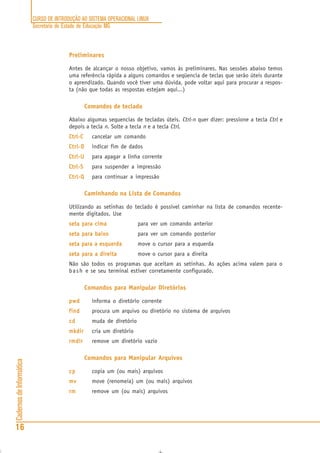 CURSO DE INTRODUÇÃO AO SISTEMA OPERACIONAL LINUX
Secretaria de Estado de Educação MG
16
CadernosdeInformática
Preliminares
Antes de alcançar o nosso objetivo, vamos às preliminares. Nas sessões abaixo temos
uma referência rápida a alguns comandos e seqüencia de teclas que serão úteis durante
o aprendizado. Quando você tiver uma dúvida, pode voltar aqui para procurar a respos-
ta (não que todas as respostas estejam aqui...)
Comandos de teclado
Abaixo algumas sequencias de tecladas úteis. Ctrl-n quer dizer: pressione a tecla Ctrl e
depois a tecla n. Solte a tecla n e a tecla Ctrl.
Ctrl-CCtrl-CCtrl-CCtrl-CCtrl-C cancelar um comando
Ctrl-DCtrl-DCtrl-DCtrl-DCtrl-D indicar fim de dados
Ctrl-UCtrl-UCtrl-UCtrl-UCtrl-U para apagar a linha corrente
Ctrl-SCtrl-SCtrl-SCtrl-SCtrl-S para suspender a impressão
Ctrl-QCtrl-QCtrl-QCtrl-QCtrl-Q para continuar a impressão
Caminhando na Lista de Comandos
Utilizando as setinhas do teclado é possível caminhar na lista de comandos recente-
mente digitados. Use
seta para cimaseta para cimaseta para cimaseta para cimaseta para cima para ver um comando anterior
seta para baixoseta para baixoseta para baixoseta para baixoseta para baixo para ver um comando posterior
seta para a esquerdaseta para a esquerdaseta para a esquerdaseta para a esquerdaseta para a esquerda move o cursor para a esquerda
seta para a direitaseta para a direitaseta para a direitaseta para a direitaseta para a direita move o cursor para a direita
Não são todos os programas que aceitam as setinhas. As ações acima valem para o
bash e se seu terminal estiver corretamente configurado.
Comandos para Manipular Diretórios
pwdpwdpwdpwdpwd informa o diretório corrente
findfindfindfindfind procura um arquivo ou diretório no sistema de arquivos
cdcdcdcdcd muda de diretório
mkdirmkdirmkdirmkdirmkdir cria um diretório
rmdirrmdirrmdirrmdirrmdir remove um diretório vazio
Comandos para Manipular Arquivos
cpcpcpcpcp copia um (ou mais) arquivos
mvmvmvmvmv move (renomeia) um (ou mais) arquivos
rmrmrmrmrm remove um (ou mais) arquivos
 