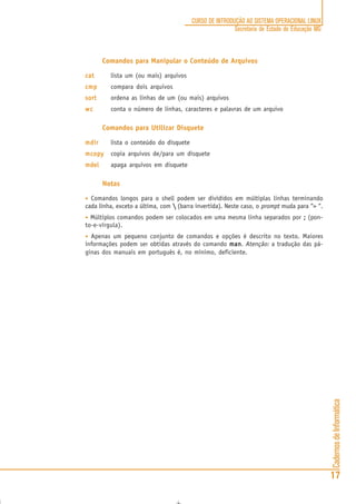 CadernosdeInformática
17
CURSO DE INTRODUÇÃO AO SISTEMA OPERACIONAL LINUX
Secretaria de Estado de Educação MG
Comandos para Manipular o Conteúdo de Arquivos
catcatcatcatcat lista um (ou mais) arquivos
cmpcmpcmpcmpcmp compara dois arquivos
sortsortsortsortsort ordena as linhas de um (ou mais) arquivos
wcwcwcwcwc conta o número de linhas, caracteres e palavras de um arquivo
Comandos para Utilizar Disquete
mdirmdirmdirmdirmdir lista o conteúdo do disquete
mcopymcopymcopymcopymcopy copia arquivos de/para um disquete
mdelmdelmdelmdelmdel apaga arquivos em disquete
Notas
• Comandos longos para o shell podem ser divididos em múltiplas linhas terminando
cada linha, exceto a última, com  (barra invertida). Neste caso, o prompt muda para “> “.
• Múltiplos comandos podem ser colocados em uma mesma linha separados por ;;;;; (pon-
to-e-vírgula).
• Apenas um pequeno conjunto de comandos e opções é descrito no texto. Maiores
informações podem ser obtidas através do comando manmanmanmanman. Atenção: a tradução das pá-
ginas dos manuais em português é, no mínimo, deficiente.
 