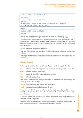 CadernosdeInformática
35
CURSO DE INTRODUÇÃO AO SISTEMA OPERACIONAL LINUX
Secretaria de Estado de Educação MG
mimbar:~:120> echo “$PADARIA”
3261-3460
mimbar:~:121> echo ‘$PADARIA’
$PADARIA
mimbar:~:122> echo “O telefone da padaria e’ $PADARIA”
O telefone da padaria e’ 3261-3460
e ainda,
mimbar:~:123> echo $PADARIA
$PADARIA
Atenção: não pode haver espaços em branco ao redor do sinal de igual (=====)!
E quando usamos variáveis? Quando queremos utilizar um texto mais de uma vez. Se
vamos utilizar o mesmo texto diversas vezes, podemos coloca-lo em uma variável e
referenciar a variável diversas vezes. Outra situação são nos comandos que veremos em
Shell: Avançado.
Por fim, duas observações sobre variáveis:
• elas são efêmeras, ou seja, quando o shell termina (ou sua sessão) as variáveis são
perdidas.
• a qualquer momento você pode alterar o valor de uma variável, afinal ela não é uma
constante :-)
Variáveis do shell
O shell suporta e utiliza diversas variáveis. Algumas variáveis importantes são:
PS1PS1PS1PS1PS1 indicador que o shell esta pronto para receber um comando (prompt) — veja abaixo
HOMEHOMEHOMEHOMEHOME diretório principal do usuário
PATHPATHPATHPATHPATH relação de diretórios onde estão os programas
TERMTERMTERMTERMTERM definição do terminal
Além destas, existem outras variáveis definidas no ambiente que são utilizados por
outros programas. Por exemplo,
EDITOREDITOREDITOREDITOREDITOR editor preferido pelo usuário (ver emacs e vi)
PAGERPAGERPAGERPAGERPAGER programa de paginação (ver more & less)
O usuário pode definir suas próprias variáveis, desde que não conflitem com as
utilizadas pelo sistema. Por convenção, as variáveis do sistema são escritas sempre
em maiúsculas.
As variáveis podem ser utilizadas para passar informações entre programas ou para
armazenar valores temporários.
Você pode listar todas as variáveis definidas no ambiente através do programa ‘env’. Ou
listar individualmente com o comando ‘echo $variável’. Exemplo:
 