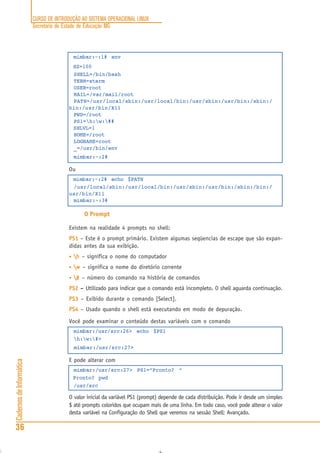 CURSO DE INTRODUÇÃO AO SISTEMA OPERACIONAL LINUX
Secretaria de Estado de Educação MG
36
CadernosdeInformática
mimbar:~:1# env
HZ=100
SHELL=/bin/bash
TERM=xterm
USER=root
MAIL=/var/mail/root
PATH=/usr/local/sbin:/usr/local/bin:/usr/sbin:/usr/bin:/sbin:/
bin:/usr/bin/X11
PWD=/root
PS1=h:w:##
SHLVL=1
HOME=/root
LOGNAME=root
_=/usr/bin/env
mimbar:~:2#
Ou
mimbar:~:2# echo $PATH
/usr/local/sbin:/usr/local/bin:/usr/sbin:/usr/bin:/sbin:/bin:/
usr/bin/X11
mimbar:~:3#
O Prompt
Existem na realidade 4 prompts no shell:
PS1PS1PS1PS1PS1 – Este é o prompt primário. Existem algumas seqüencias de escape que são expan-
didas antes da sua exibição.
• hhhhh – significa o nome do computador
• wwwww – significa o nome do diretório corrente
• ##### – número do comando na história de comandos
PS2PS2PS2PS2PS2 ––––– Utilizado para indicar que o comando está incompleto. O shell aguarda continuação.
PS3PS3PS3PS3PS3 – Exibido durante o comando [Select].
PS4PS4PS4PS4PS4 – Usado quando o shell está executando em modo de depuração.
Você pode examinar o conteúdo destas variáveis com o comando
mimbar:/usr/src:26> echo $PS1
h:w:#>
mimbar:/usr/src:27>
E pode alterar com
mimbar:/usr/src:27> PS1=”Pronto? “
Pronto? pwd
/usr/src
O valor inicial da variável PS1 (prompt) depende de cada distribuição. Pode ir desde um simples
$ até prompts coloridos que ocupam mais de uma linha. Em todo caso, você pode alterar o valor
desta variável na Configuração do Shell que veremos na sessão Shell: Avançado.
 