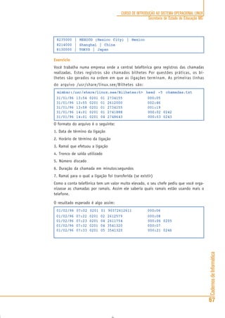 CadernosdeInformática
67
CURSO DE INTRODUÇÃO AO SISTEMA OPERACIONAL LINUX
Secretaria de Estado de Educação MG
8235000 | MEXICO (Mexico City) | Mexico
8214000 | Shanghai | China
8130000 | TOKYO | Japan
Exercício
Você trabalha numa empresa onde a central telefônica gera registros das chamadas
realizadas. Estes registros são chamados bilhetes Por questões práticas, os bi-
lhetes são gerados na ordem em que as ligações terminam. As primeiras linhas
do arquivo /usr/share/linux.see/Bilhetes são:
mimbar:/usr/share/linux.see/Bilhetes:6> head -5 chamadas.txt
31/01/96 13:54 0201 01 2734155 000:05
31/01/96 13:55 0201 01 2612000 002:46
31/01/96 13:58 0201 01 2734155 001:19
31/01/96 14:01 0201 01 2741888 000:02 0242
31/01/96 14:01 0201 04 2748643 000:03 0243
O formato do arquivo é o seguinte:
1. Data de término da ligação
2. Horário de término da ligação
3. Ramal que efetuou a ligação
4. Tronco de saída utilizado
5. Número discado
6. Duração da chamada em minutos:segundos
7. Ramal para o qual a ligação foi transferida (se existir)
Como a conta telefônica tem um valor muito elevado, o seu chefe pediu que você orga-
nizasse as chamadas por ramais. Assim ele saberia quais ramais estão usando mais o
telefone.
O resultado esperado é algo assim:
01/02/96 07:02 0201 01 90372612611 000:06
01/02/96 07:22 0201 02 2612579 000:08
01/02/96 07:23 0201 04 2611754 000:06 0205
01/02/96 07:32 0201 04 3541320 000:07
01/02/96 07:33 0201 05 3541320 000:21 0246
 